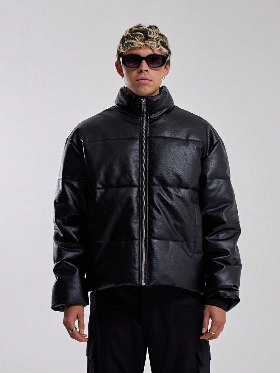 Musero Men High Neck Faux Leather Padded Coat Winter - Black - View 1