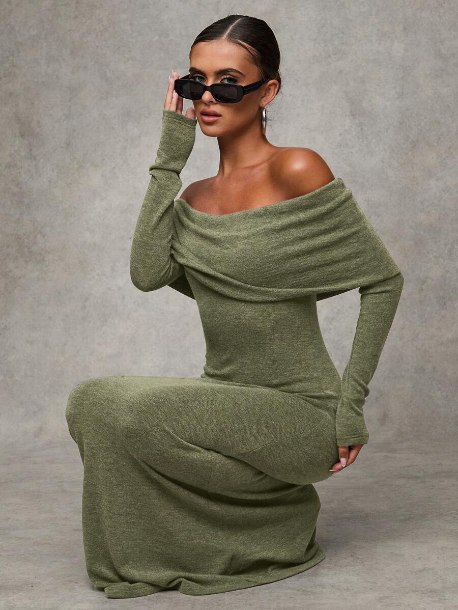 SHEIN BAE Women Elegant Grey Off-Shoulder Fitted Long Fall Dress ...