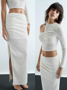 Maija Falda media sofisticada, urbana y elegante de mujer de punto texturizado blanco elástico, para otoño/invierno, de regreso a la escuela y para fiestas