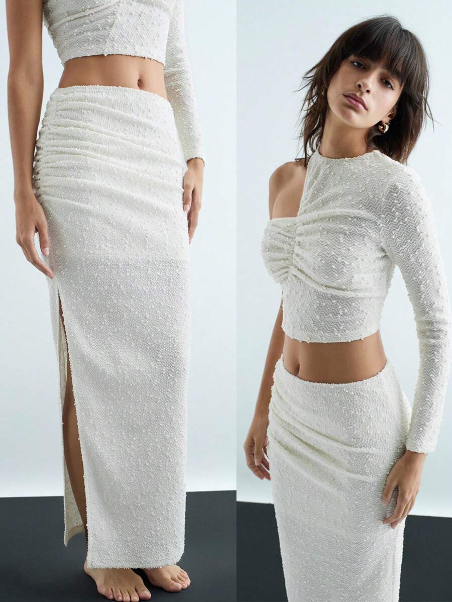 Maija Falda media sofisticada, urbana y elegante de mujer de punto texturizado blanco elástico, para otoño/invierno, de regreso a la escuela y para fiestas