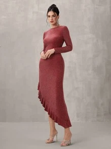 SHEIN Belle Women's Round Neck Long Sleeve Ruffle Sequin Patchwork Gown For Party/Banquet, Fashion Autumn And Winter Banquet Party Festival Princess Socialite Elegant Internet Celebrity Popular Dress, Daily Wear Elastic Gold Thread Fabric Dress, Formal Dinner Ball Dress, Christmas, New Year's Eve Can Be Worn For New Year, Wedding Guest Dress