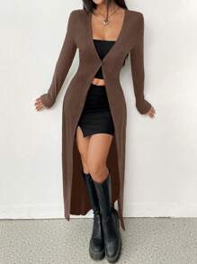 SHEIN EZwear Women's Casual Solid Color Fitted Long Cardigan With Buttons, Autumn - Brown - View 4