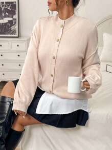 Calvaya Plus Size Women Solid Color Casual Metal Guzik Nietoperz Rękaw Kardigan