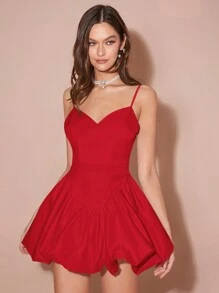 Enchnt 春冬浪漫女士红色蕾丝下摆优雅细肩带泡泡公主裙，性感、可爱、甜美、优雅的装扮，适合情人节、圣诞派对、新年、生日、节日和甜蜜约会之夜，连衣裙 - 紅色 - 查看 4