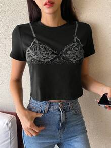 DAZY Women's Fashionable Printed Short Tee, Can Be Worn As Outerwear Graphic Tee - Black - View 6