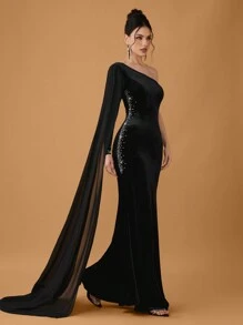 SHEIN Belle Plus Size Women's Elegant Knitted Black Velvet Splicing Beaded Waist Fitted Formal Evening Dress Gown, Long Sleeve Prom Dress, For Wedding Guest, Graduation, Dinner - Black - View 5