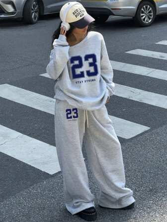 Muchica 2 件女式 23 号图案宽领露肩宽松运动衫和阔腿加厚保暖裤套装，适合秋冬季