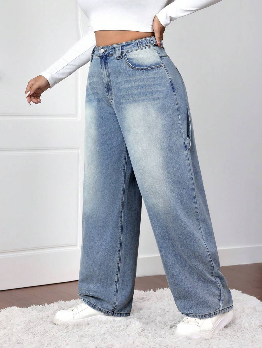 SHEIN EZwear 大码宽松阔腿蓝色牛仔裤