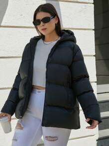 EURMUSE Zip Up Hooded Puffer Coat - Black - View 6