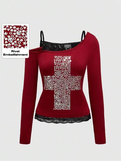 Grunge Punk Camiseta de mujer de manga larga, con efecto de dos en , con tirantes finos, diseño con corte y estampado de calavera y estrellas con cristales, en estilo sexy Y2K