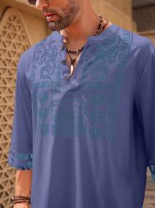 Manfinity Homme 男士中长款正面纽扣印花休闲衬衫，日常穿着