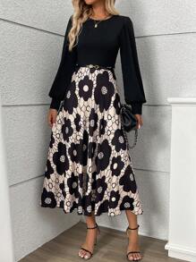 SHEIN Clasi Black Floral Print Patchwork Elegant Dress, For Autumn