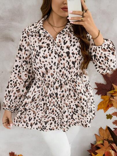 SHEIN LUNE Plus Size Women Polka Dot Pattern Lantern Sleeve Loose Waist Patchwork Design Casual Shirt, Autumn Thanksgiving Shirt Holiday Outfit