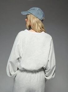 MISSGUIDED Notch Neck Cropped Sweatshirt Oversized Balloon Sleeve Athletic Loungewear Winter Autumn Workout Casual Long Sleeve Pullover Elastic Waist - Grey - View 2
