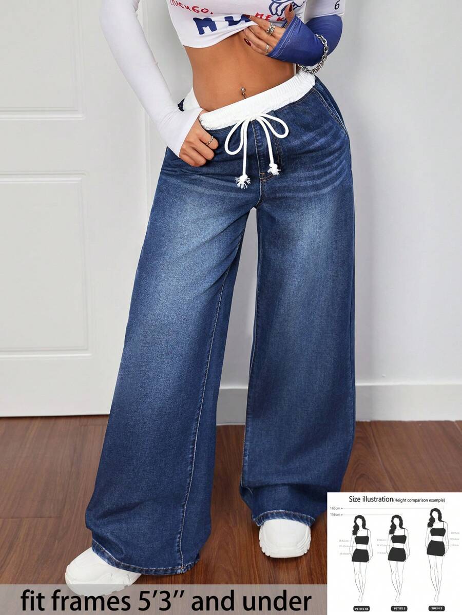 SHEIN PETITE PETITE Women's Casual Wide Leg Jeans With Dual Waistbands, Women Mom Jeans,Denim Jeans,Bootcut Women Jeans,Low Rise Baggy Jeans,Cold Weather Clothes,Winter Women Pants,Thanksgiving Outfit,Petite Baggy Jeans - Dark Wash - View 1