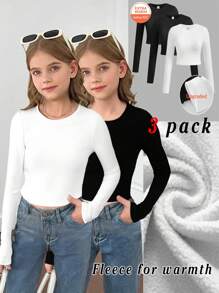 Koszulka dla dziewcząt w wieku 3 lat, gładka, dzianinowa, z okrągłym dekoltem i długim rękawem, skrócona, ulepszona, ciepła tkanina, podszewka termiczna bez bycia grubym, podstawowy elastyczny uniwersalny top dla dziewcząt na jesień i zimę