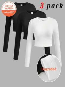 Koszulka dla dziewcząt w wieku 3 lat, gładka, dzianinowa, z okrągłym dekoltem i długim rękawem, skrócona, ulepszona, ciepła tkanina, podszewka termiczna bez bycia grubym, podstawowy elastyczny uniwersalny top dla dziewcząt na jesień i zimę