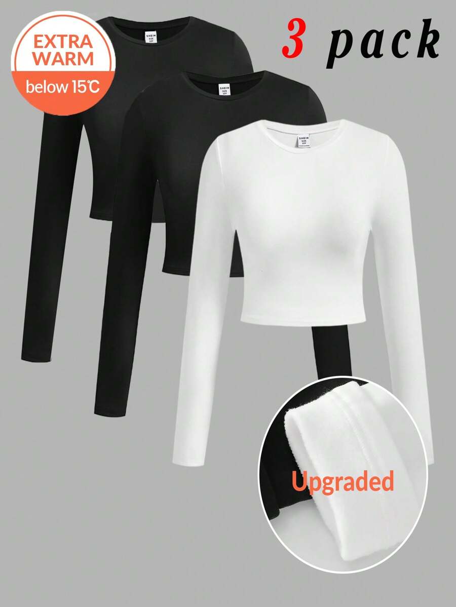 Koszulka dla dziewcząt w wieku 3 lat, gładka, dzianinowa, z okrągłym dekoltem i długim rękawem, skrócona, ulepszona, ciepła tkanina, podszewka termiczna bez bycia grubym, podstawowy elastyczny uniwersalny top dla dziewcząt na jesień i zimę