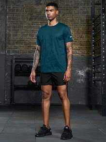 Manfinity Fitness Áo thun thể thao thể thao cổ tròn tay ngắn in họa tiết rằn ri phong cách bạn trai dành cho nam - Màu xanh lá cây đậm - Xem 3