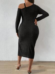 Celure 1 pieza Vestido ajustado de manga larga con hombros abiertos asimétricos y cintura con cordón para mujer de talla grande