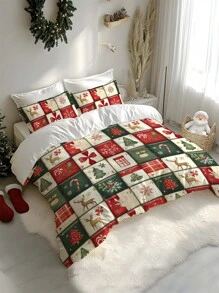 2/3 pièces Ensemble de literie de Noël, couette en microfibre douce à imprimé numérique avec motifs du père Noël, traîneau, bonhomme de neige, cloches, rennes, pins et sapin de Noël. Convient pour la chambre, la chambre d'amis, la salle de jeux, l'hôtel, le dortoir
