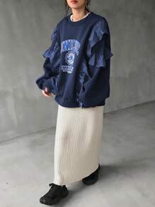 FRIFUL Women's Round Neck Long Sleeve Casual Ruffle Hem Printed Loose Sweatshirt - Navy Blue - View 2