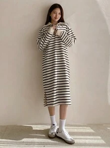 DAZY 女式条纹宽松翻领中长款衬衫裙，秋季服装 - 黑與白 - 查看 6