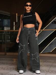 SHEIN EZwear Quần Jeans Thời Trang Nhiều Miếng Dán Sao Giặt Cũ Cho Nữ Size Lớn - Màu xám đen - Xem 5