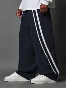 SUMWON 阔腿运动裤双侧条纹运动裤复古运动风格街头休闲周末休闲服秋冬裤 - 藏蓝色 - 查看 2