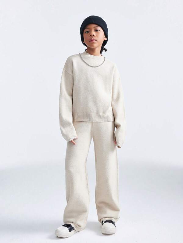 SHEIN Tween Girl Solid Color Round Neck Long Sleeve Top And Pants Sweater Set, Apricot