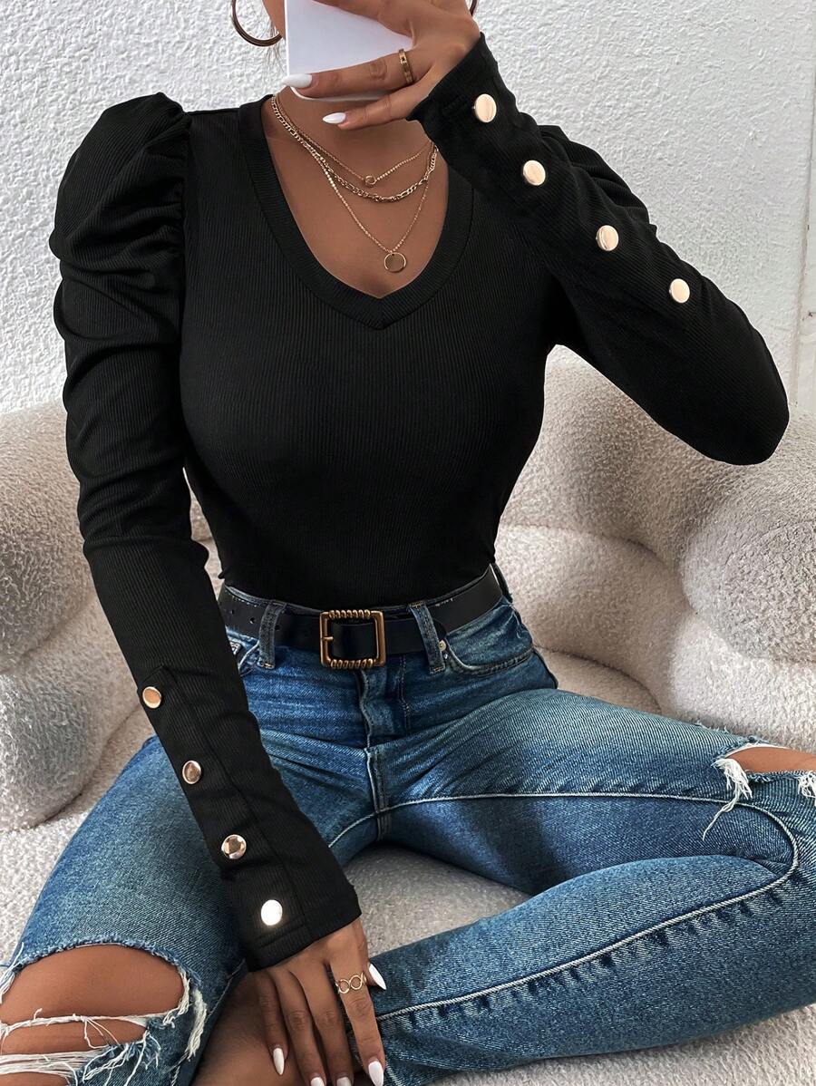 EMERY ROSE Solid Color Button Decor V-Neck Casual Versatile Long Sleeve T-Shirt Fall Cloth For Women - Black - View 1