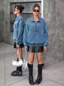 SHEIN Teenage Girls Blue Denim Long Sleeve Top