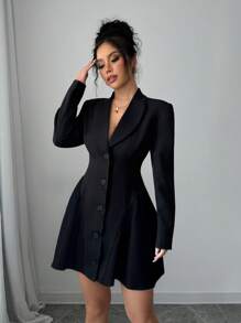 Elenzga Váy xếp ly viền tương phản đen trắng cho nữ - màu đen - Xem 6
