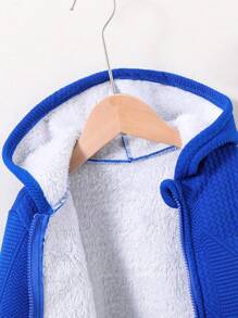 SHEIN Explorewe 男童休闲几何图案刺绣恐龙装饰卫衣，拉链设计，保暖内衬，秋冬季防风外套 - 藍色 - 查看 3