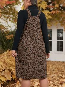 SHEIN LUNE 大码简约豹纹斜口袋休闲连衣长裙，感恩节连衣裙节日装 - 彩色 - 查看 2