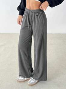 SHEIN PETITE 女式双面腰带字母刺绣休闲长裤 - 灰色 - 查看 7