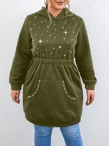 Calvaya Plus Size Casual Beaded Mix Drawstring Hood Thermal Sweatshirt, Autumn/Winter - Army Green - View 7