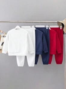 SHEIN Leap Crew 6 件套儿童年轻男孩基本款多功能羊毛红、海军蓝、白色运动衫和裤子套装适合圣诞节和冬季外出，超暖穿着 - 彩色 - 查看 2