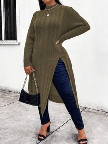 Elenzga Plus Size Solid Color Long Slit Side Casual Sweater, Autumn/Winter Knit Pullover Fall - Army Green - View 4