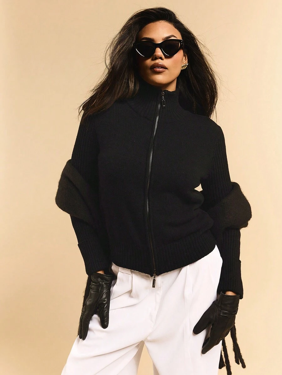 Athîral Áo len cardigan nữ tay dài màu đen có khóa kéo cổ lọ - màu đen - Xem 1
