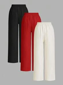 SHEIN Essnce 3条装夏季裤子女士纯色腰系带阔腿宽松休闲裤 - 紅色 - 查看 2