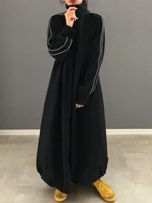 FRIFUL 女式撞色拼接长袖休闲中长连衣裙，秋季连衣裙 - 黑色 - 查看 1