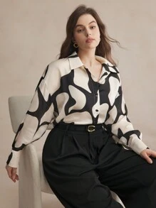 BizChic 大码几何印花宽松优雅办公衬衫 - 杏色 - 查看 5