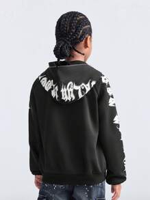 SHEIN Sudadera con capucha con cremallera para niñas preadolescentes de otoño/invierno, sudadera oversize negra con estampado de letras de Halloween Y2K