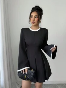 Elenzga Elegant Long Sleeve Dress With Decorative Collar Fall Cloth For Women