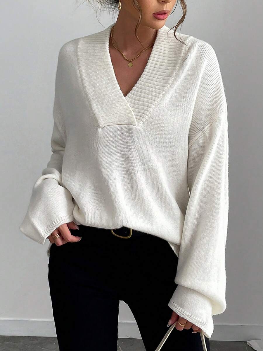 SHEIN LUNE 1 Stück Damen Weiß Lässig V-Ausschnitt Wollpullover, geeignet für Herbst/Winter