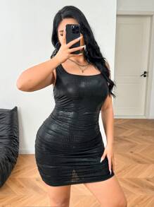 SHEIN EZwear 大码女式纹理修身方领无袖紧身连衣裙 - 黑色 - 查看 6
