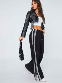 SHEIN SXY Pantalones casuales de mujer con abertura, impresión digital blanca y encaje en la espalda, para actividades deportivas de ocio diarias