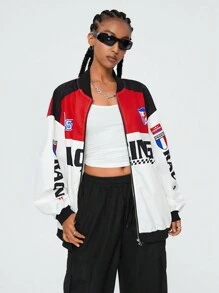 Coolane Veste bomber tendance pour femmes avec graphique lettrage et bord rayé à épaules tombantes