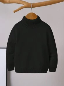 SHEIN 兒童 1件 小男孩休閒舒適純色百搭寬鬆高領秋季毛衣，可作為內搭或外套穿著 - 黑色 - 查看 4